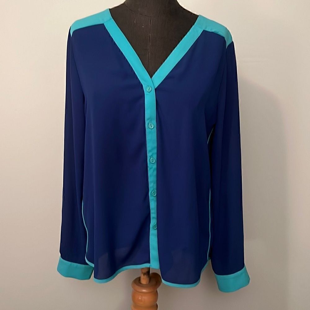Women's Silk Button-Down Color Block Long Sleeve Top